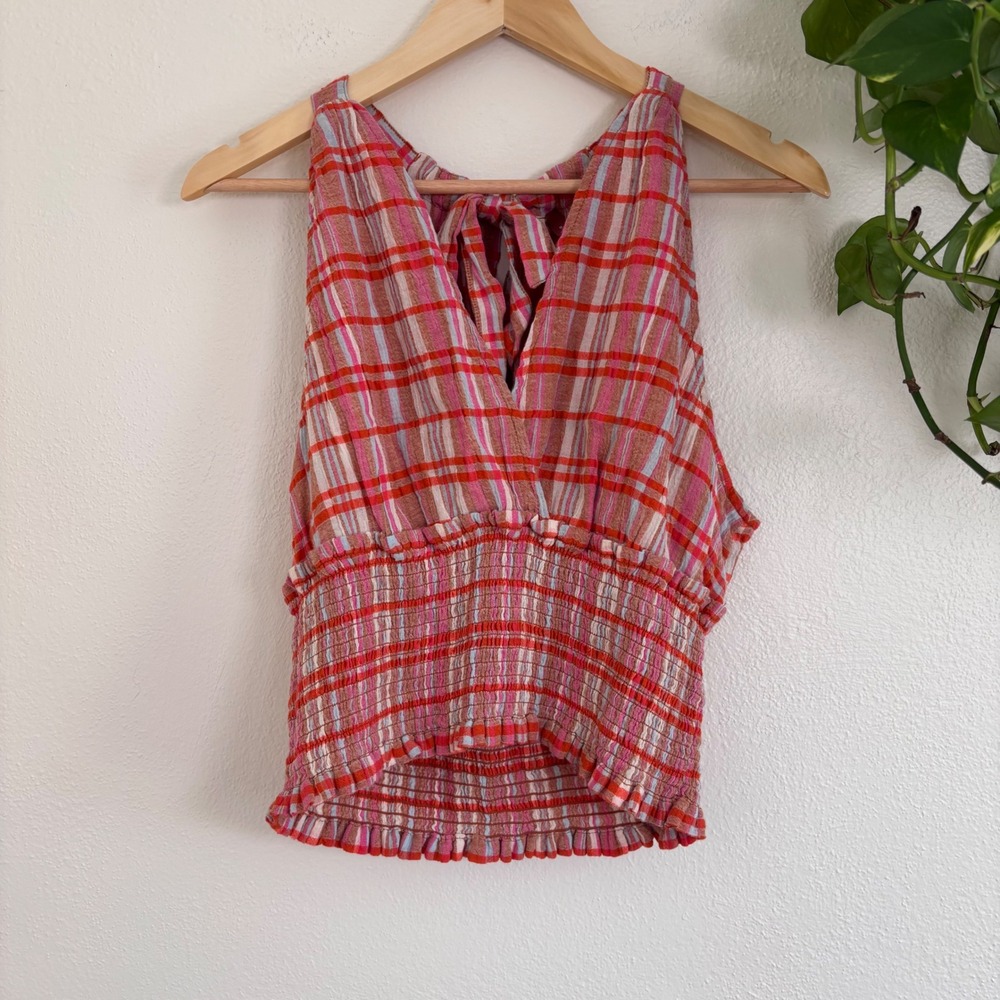Anthropologie Pilcro Jessie plaid halter top pink red smocked size medium